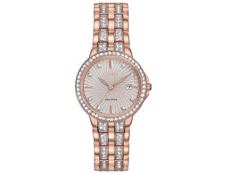Ladies'' Silhouette Eco-Drive Watch, Pink Gold-tone with Two-tone Dial and brilliant Crystals
