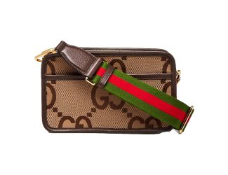 Gucci Jumbo GG Canvas Leather Webstripe Camera Brown Crossbody Bag