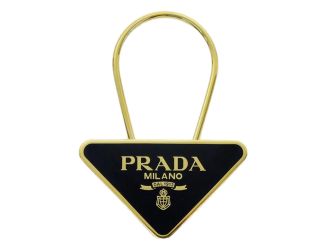 Prada Enameled Metal Logo Pin Key Ring Black and Gold Purse Charm