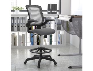 Mid-Back Dark Gray Mesh Ergonomic Drafting Chair with Foot Ring and Flip-Up Arms