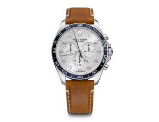 Fieldforce Classic Chrono, 42mm, Blue Bezel, Silver White Dial, Brown Leather Strap