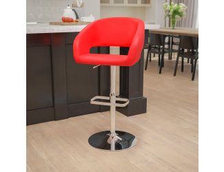Red Vinyl Adjustable Height Barstool with Rounded Mid-Back and Chrome Base