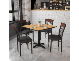 Vertical Back Black Metal and Walnut Wood Restaurant Chair with Black Vinyl Seat