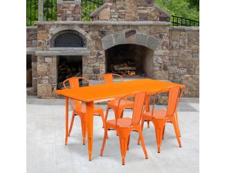 31.5" x 63" Rectangular Orange Metal Indoor-Outdoor Table Set w/ 4 Stack Chairs