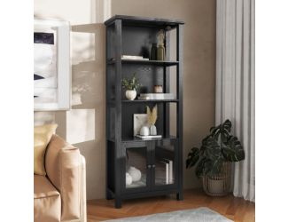 3 Tier Farmhouse Style Storage Cabinet Bookshelf with Glass Doors - Black