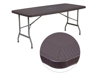 5.62-Foot Brown Rattan Indoor-Outdoor Plastic Folding Table-Umbrella Hole