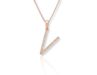 PARIKHS Diamond Initial 'V' Pendant Necklace in 18k Rose Gold over Sterling Silver 0.10ct IJK-I2