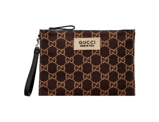 Gucci Ripstop Canvas Jumbo GG Large Clutch Wristlet Brown Beige