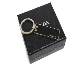 Prada Nero Black Rectangle Enamel Silver Metal Keyring Keychain Charm