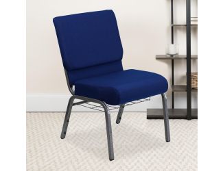 21"W Church Chair in Navy Blue Fabric with Cup Book Rack - Silver Vein Frame