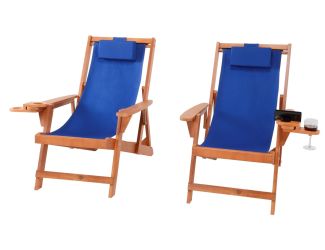 Romantic Collection - Canvas Sling Chair w/Beverage Holder, Set of 2 - Walnut, Blue