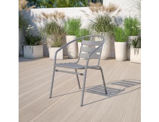 Silver Metal Restaurant Stack Chair with Curved Back and Aluminum Slats