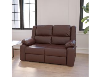 Brown LeatherSoft Pillow Back Loveseat with Two Built-In Recliners - Padded Arms