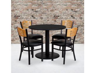 36" Round Black Laminate Table Set with 4 Metal Chairs - Black Vinyl Seat