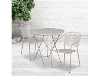 30" Round Light Gray Indoor-Outdoor Steel Folding Patio Table Set with 2 Chairs