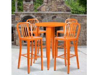 30" Round Orange Metal Indoor-Outdoor Bar Table Set with 4 Slat Back Stools
