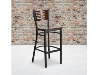Black Slat Back Metal Restaurant Barstool - Walnut Wood Back & Seat