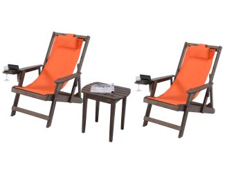 Romantic Collection - 2 Canvas Sling Chairs w/Beverage Holder & 1 End Table - Dark Brown, Orange