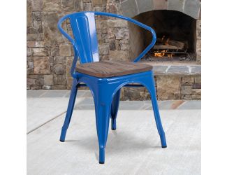 Blue Metal Chair with Wood Seat and Arms - Restaurant Chair - Bistro Chair