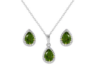 PARIKHS Rhodium Plated Pear Shapped Peridot August Birthstone Set in 925 Sterling Silver