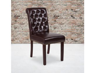 Brown LeatherSoft Parsons Chair w/Rolled Back, Accent Nail Trim &Walnut Finish
