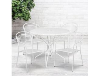 35.25" Round White Indoor-Outdoor Steel Patio Table Set with 4 Round Back Chairs