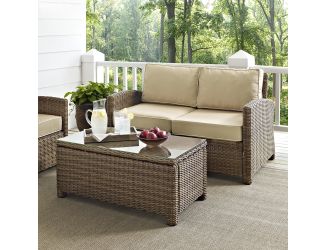 Bradenton 2 Piece Outdoor Wicker Seating Set with Sand Cushions - Loveseat & Glass Top Table