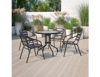 31.5" Round Glass Metal Table with 4 Black Metal Aluminum Slat Stack Chairs