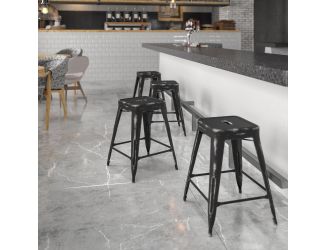 24" High Backless Distressed Black Metal Indoor-Outdoor Counter Height Stool
