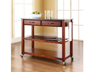 Black Granite Top Kitchen Cart/Island w/ Stool Storage