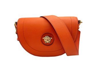 Versace Half-Moon La Medusa Vitello Leather Orange Crossbody Handbag