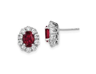 14K White Gold Lab Grown Diamond and Oval Created Ruby Fashion Earrings