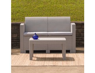 Lt Gray Faux Rattan Loveseat with All-Weather Light Gray Cushions - Patio Chair