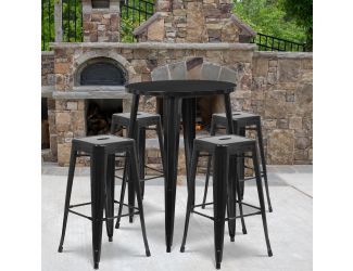 30" Round Black Metal Indoor-Outdoor Bar Table Set with 4 Backless Stools