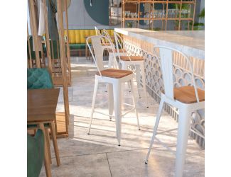 30" High White Metal Barstool with Back and Wood Seat - Kitchen Furniture