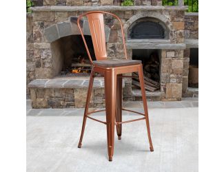 30" High Copper Metal Barstool with Back and Wood Seat