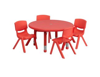 33" Round Red Plastic Height Adjustable Activity Table Set with 4 Chairs