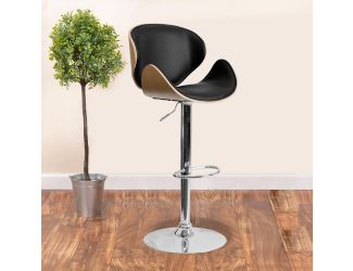 Beech Bentwood Adjustable Height Barstool with Curved Back and Black Vinyl Seat