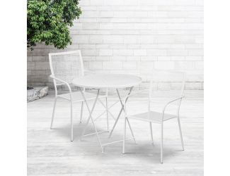30" Round White Indoor-Outdoor Steel Folding Patio Table Set with 2 Chairs