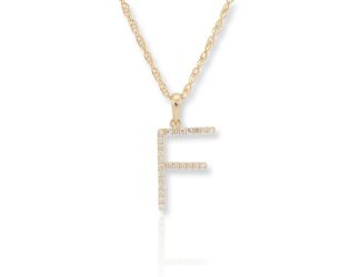 PARIKHS Initial Pendant Alphabet 'F' in CZ with chain in 925 Sterling Silver with Yellow Plating