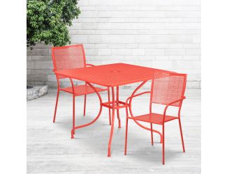 35.5" Square Coral Indoor-Outdoor Steel Patio Table Set w/ 2 Square Back Chairs