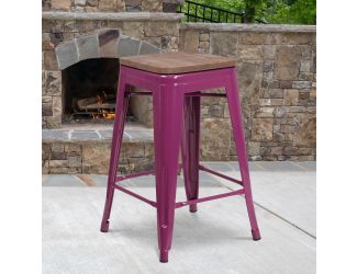 24" High Backless Purple Counter Height Stool with Square Wood Seat