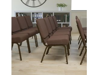 21"W Stacking Church Chair in Brown Fabric - Gold Vein Frame