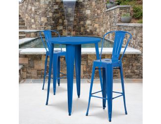 30" Round Blue Metal Indoor-Outdoor Bar Table Set with 2 Cafe Stools