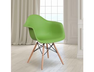 Green Plastic Chair with Arms and Wooden Legs - Accent & Side Chair