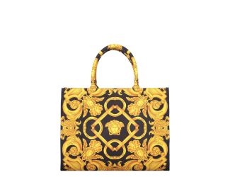 Large Jacquard Canvas Tote Bag with Leather Trim