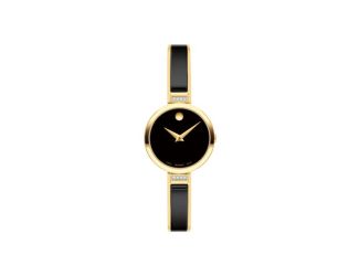 Moda Ladies. Yellow PVD Case w/Diamonds. Yellow PVD & Black Ceramic Bangle Bracelet. Black Dial