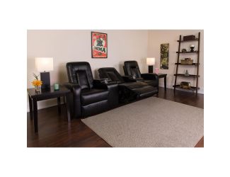 3-Seat Push Back Reclining Black LeatherSoft Theater Seating Unit w/Cup Holders