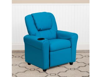 Contemporary Turquoise Vinyl Kids Recliner with Cup Holder and Headrest