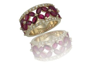 Fashion wide wedding band or cocktail ring w/ marquise shape ruby and rd br dias surrounding-Sz 1